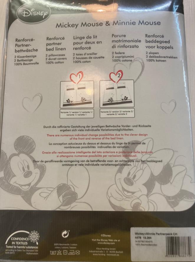 Disney Jugendbettwäsche CH-Grösse 160x210cm / 65x100cm Mickey+Minnie Partnerpack CH Bettwäsche