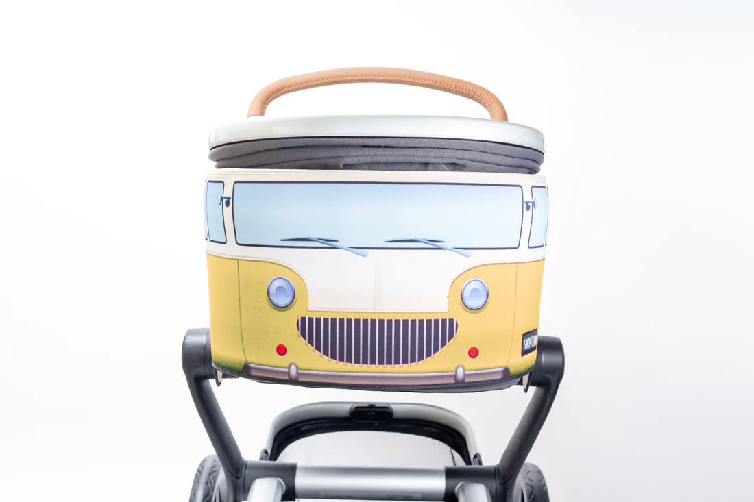 Knopfbande Kinderwagenhülle &quot;Vintage Bus&quot; gelb - Porto frei + Pyjama gratis dazu